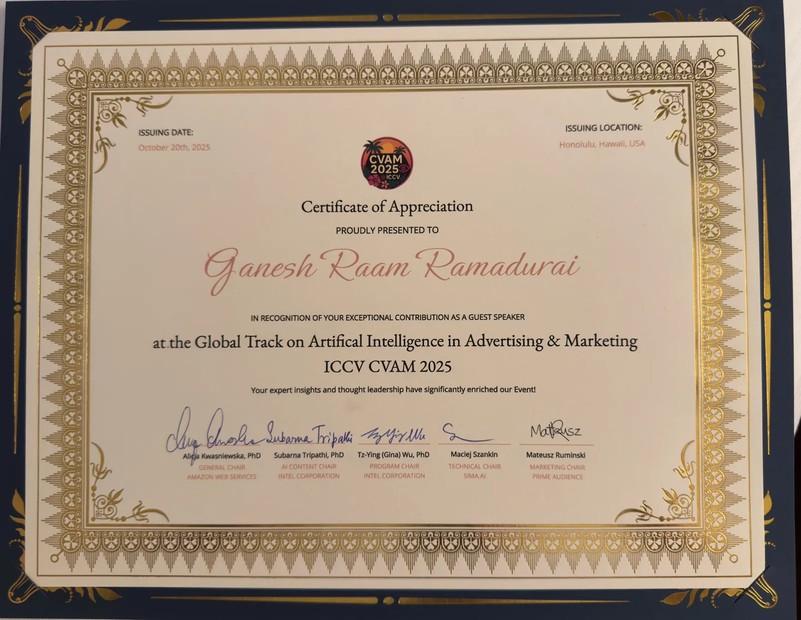 Certificate of appreciation from ICCV CVAM 2025 presented to Ganesh Raam Ramadurai